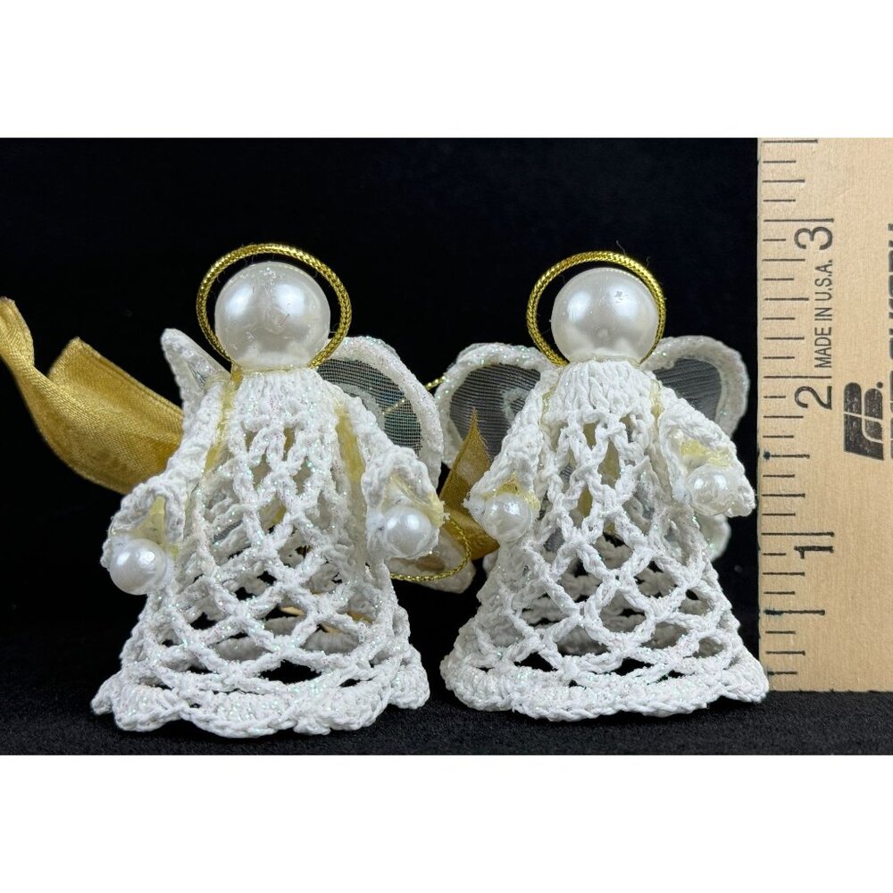 Avon Crocheted Lace Ornament Angels 13 inches White Gold Bow in Box F32908-1 - Picture 12 of 15